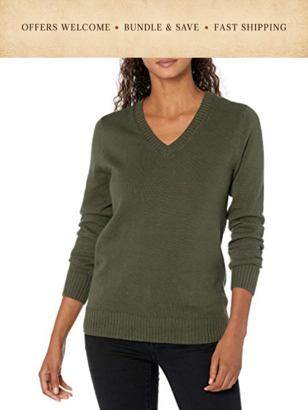 100% Cotton V-Neck Sweater Long Sleeve Relaxed Fit Ribbed Knit Pullover